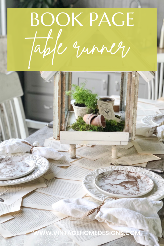 pinterest graphic for table runner made out of book pages laying across farm table with 4 place settings of white dinner plate layered with white salad plate with brown bunny pattern white linen napkin to the left of plate tied with brown/white striped napkin fork and knife to right of plate