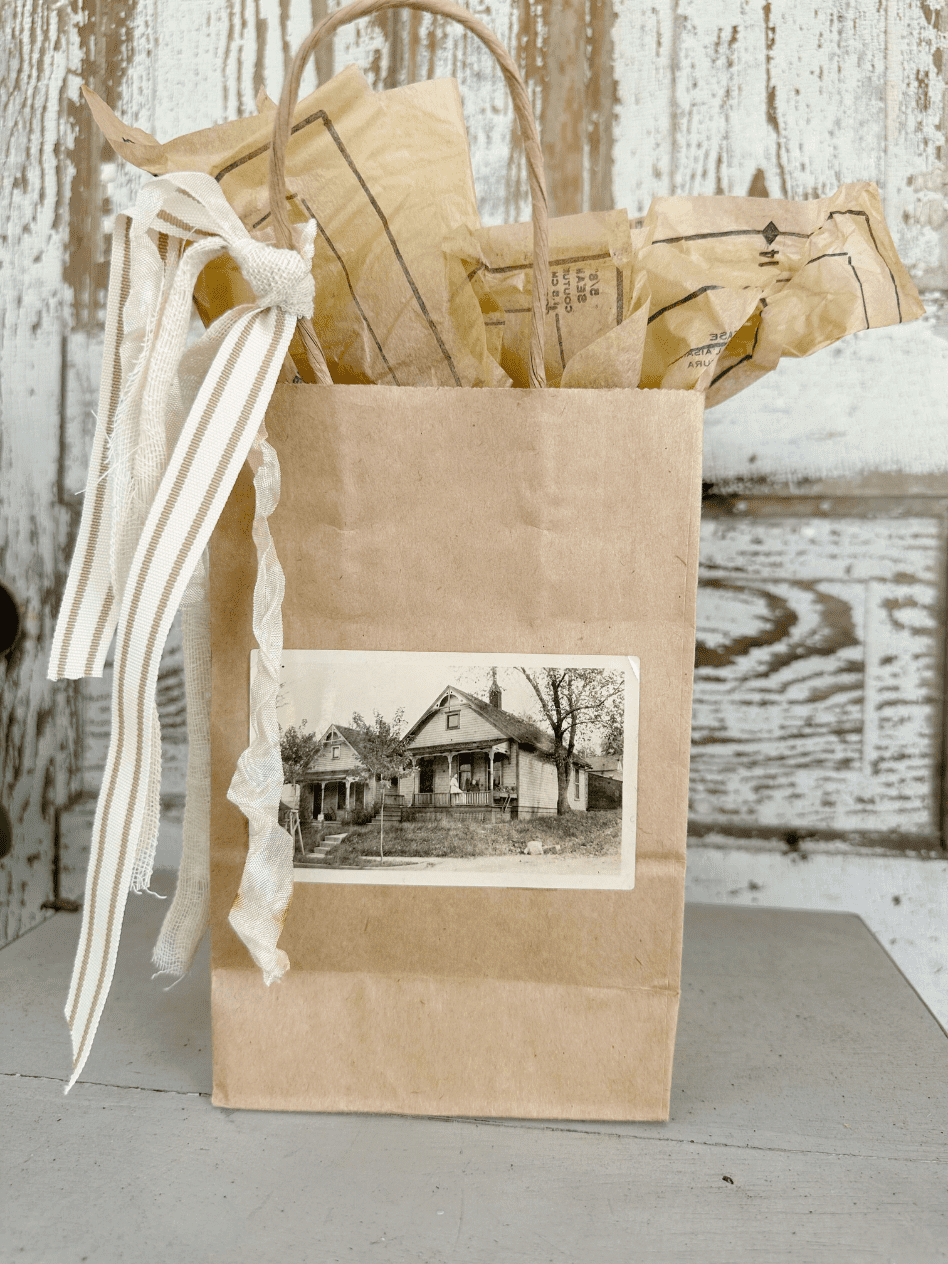 neutral christmas package with vintage photo on front